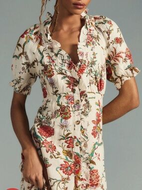 PILCRO Cream Button-Front Floral Ruffle Shirt Dress with Red & Green Print